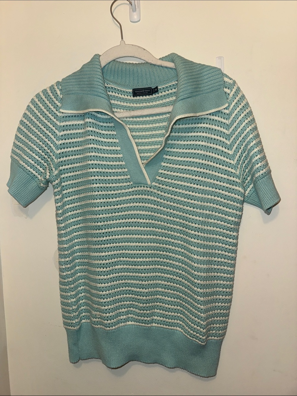 Vineyard Vines Womens Mint and White Striped Knit Polo Sweater